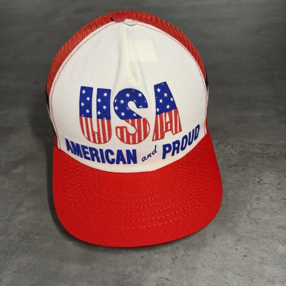 Vintage USA Triple Stripe Snapback Hat Red White Blue Trucker‎ Cap 70s 80s Nylon